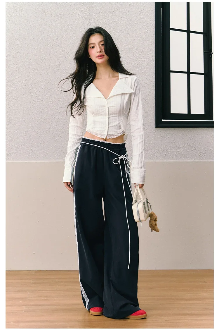

MiiiiX casual Pant Sets lace-up notched striped shirt blouse crop top long lace wide leg pants 2024 autumn women two piece set