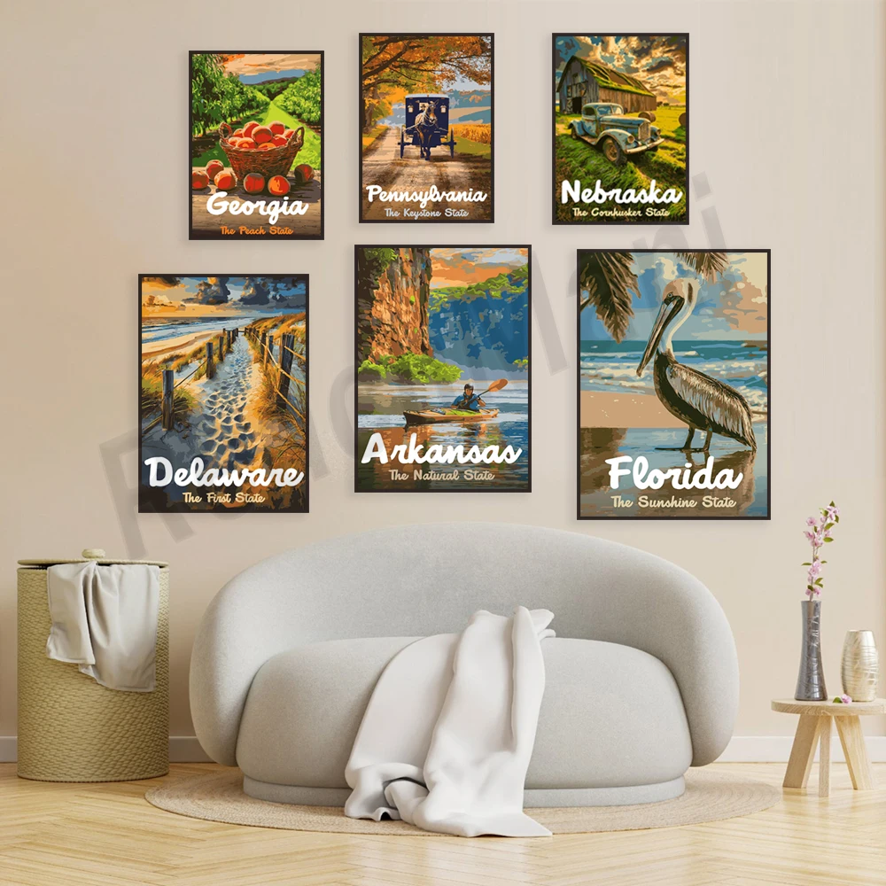 Arkansas, Oregon, Florida, State of 10,000 Lakes, South Carolina, Nebraska, Montana, Wyoming, Delaware, Illinois travel posters