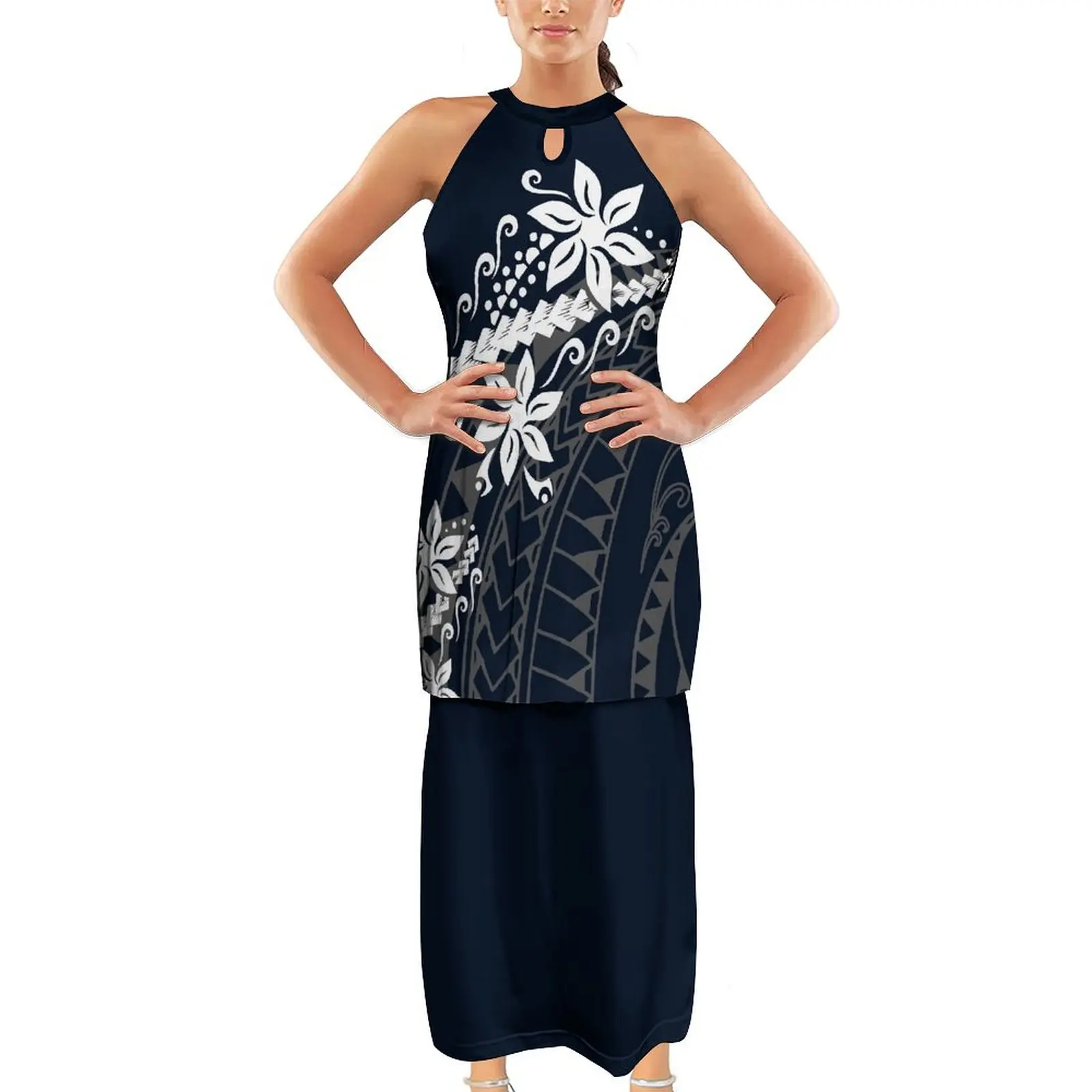 

Custom Women'S Halter-Neck Dress Set puletasi Two-Piece Stylish Top And Long Skirt Polynesian Tribal Design