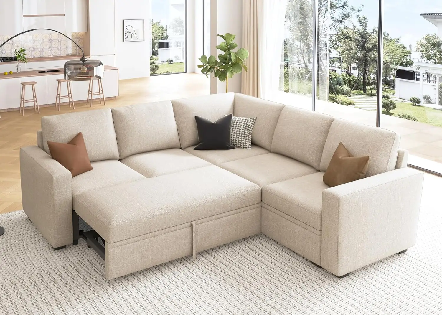 Sofa with Pull Out Bed, L Shaped Sectional Couch with Storage Seat, Convertible Sectional Couches for Living Room, Beige