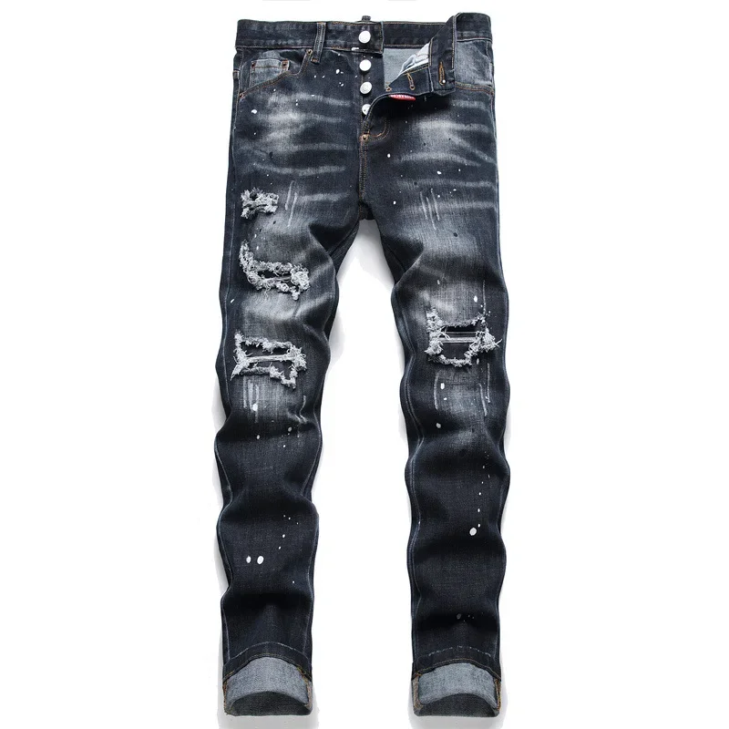 New Arrival 2024 Spring Men's Punk Jeans Hole Punched Stitching Mid Waist Paintings Casual Style Trousers D2033