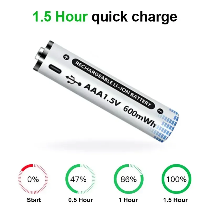 USB充電式単三電池,1.5V,リチウムイオン,大容量,600mwh,リモコンマウス,おもちゃ,懐中電灯,タイプCケーブル用のバックアップ