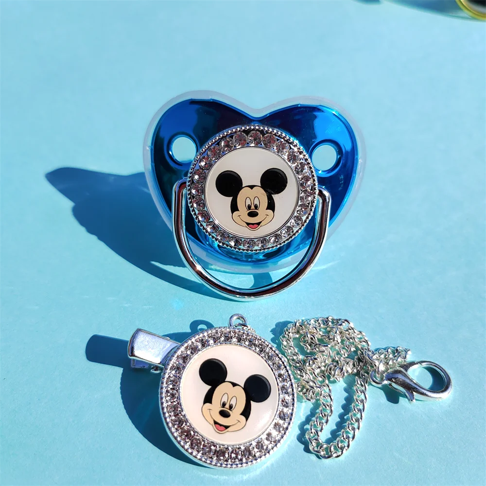 Baby Luxury Silver Bling Pacifier with Clips Mickey Mouse Crystal Baby Nursing Silica Gel BPA Free Pacifiers with Holders Gifts