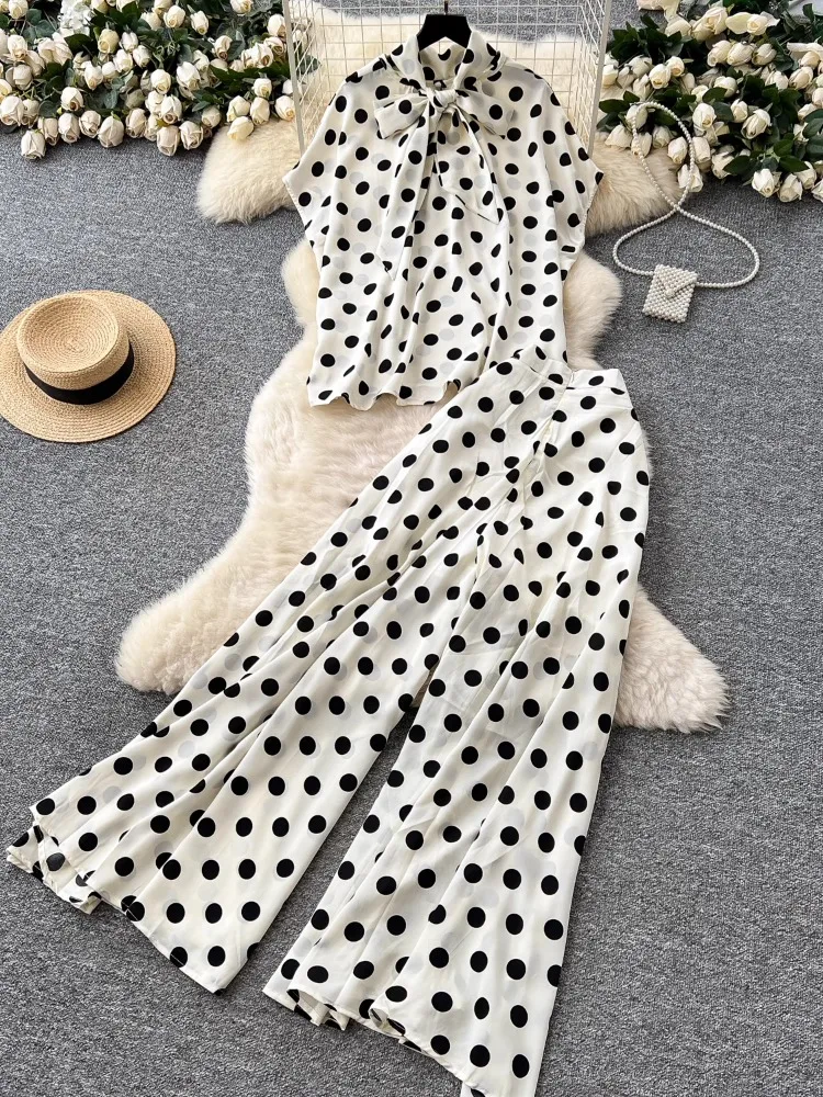

Casual Loose Dot Lace up Bow Collar Loose Tops Shirt+High Waist Drop pants 2-piece Set Woman's Summer Suit Slim Woman Clothing