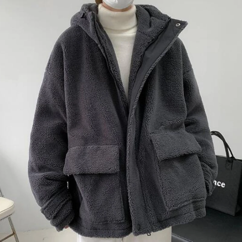 2023 Men Winter Lamb Wool Jacket Men Plus Velvet Streetwear Fashion Loose Handsome Coat Unisex HipHop Hooded Plush Padded Jacket