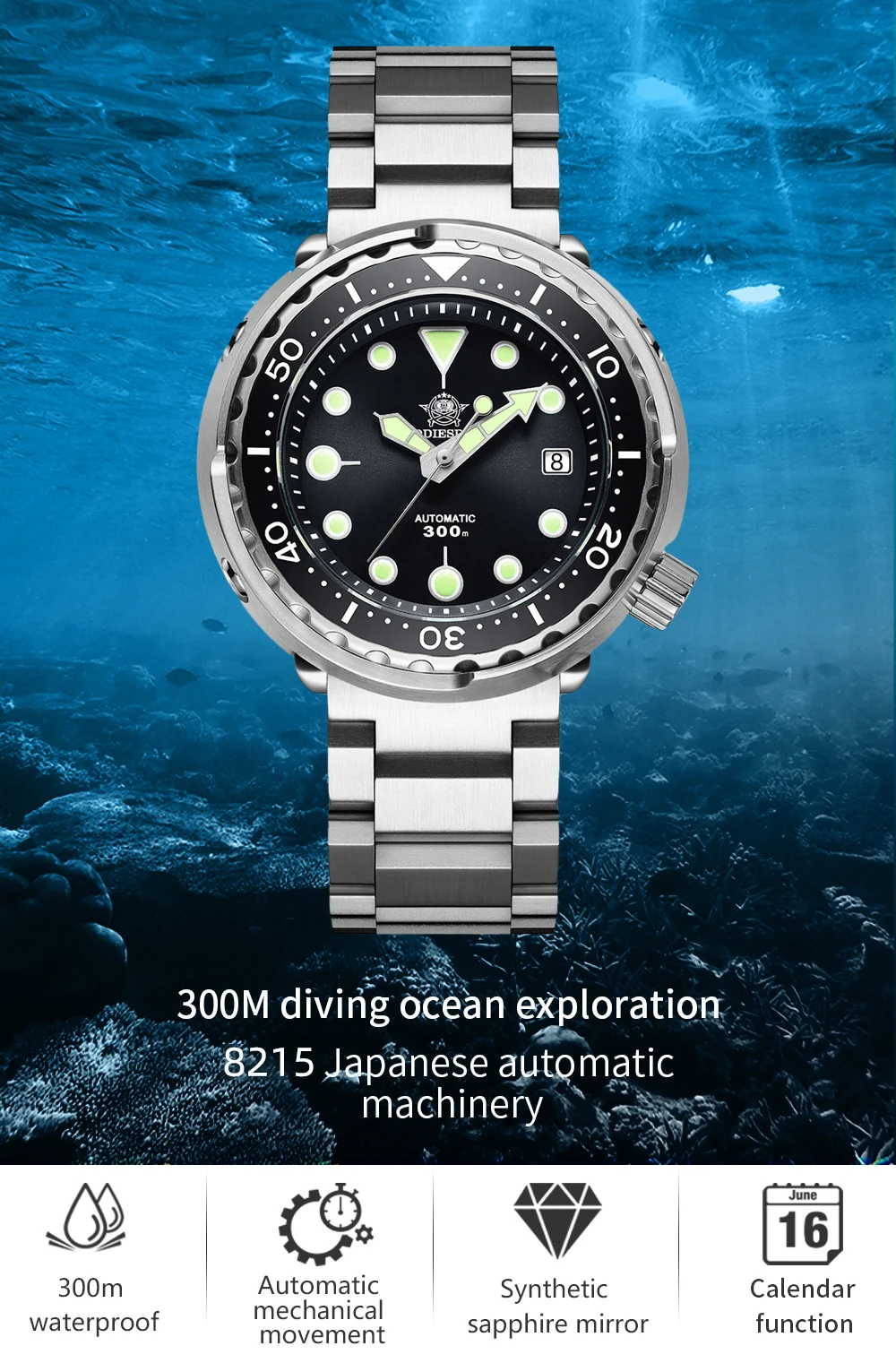 ADDIESDIVE Men's Automatic Mechanical Watch with Sapphire Crystal BGW9 Super Luminous Tuna Diver Watch 300m Business Watches