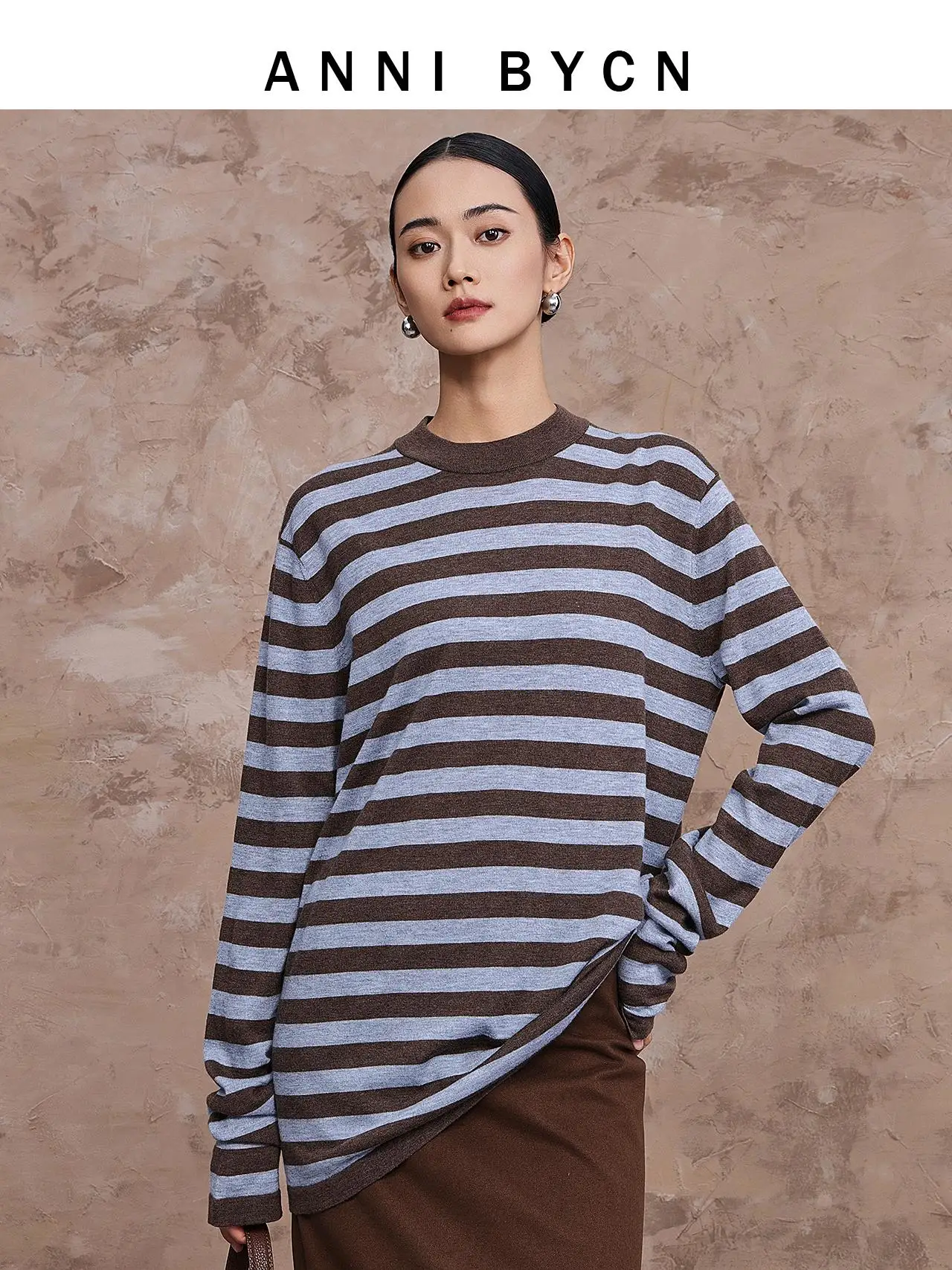 

Annibycn Wool Knitted Long Sleeve round Neck T-Shirt Women's Spring Autumn Loose Fit Base Layer Shirt Commute Style Striped P...