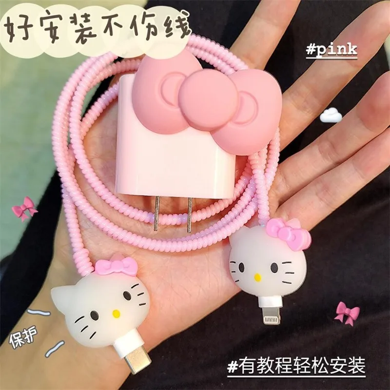 Sanrio Bow Hello Kitty Kawaii Data Cable Protective Cover Apple 14promax suitable for iPhone13 charger case 15 anti-breakage