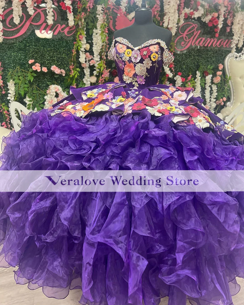 Charro Purple Emboridery Lace Mexican Quinceanera Vestidos, 15 anos Birthday Party Gowns, 2023