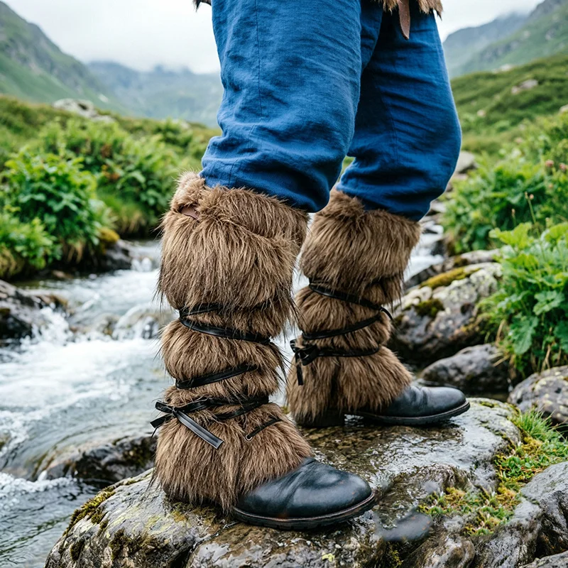 Unisex Viking Faux Fur Boot Covers Lace Up Leg Warmers Medieval Warrior Costume Accessories