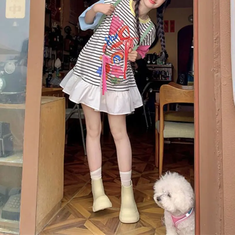 Korean Sweet Bow Midi Dress Summer Contrasting Colors Female Clothing Loose Striped Patchwork Fashion Printed Straight Dresses