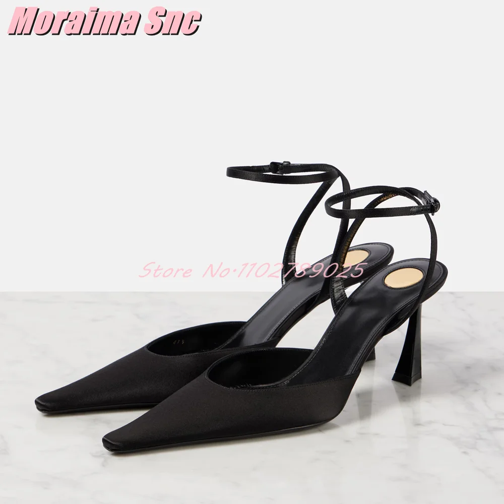 Satin Pointed Toe Ankle Buckle Sandals Stiletto High Heels Sexy Fashion Women's Dress Shoes Summer Banquet Party Black Solid New