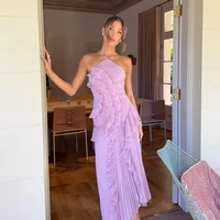Elegante vestido de fiesta morado con cuello Halter, línea A, volantes, escalonado, sin espalda, vestido de fiesta, vacaciones de verano, vestido de noche largo de gasa