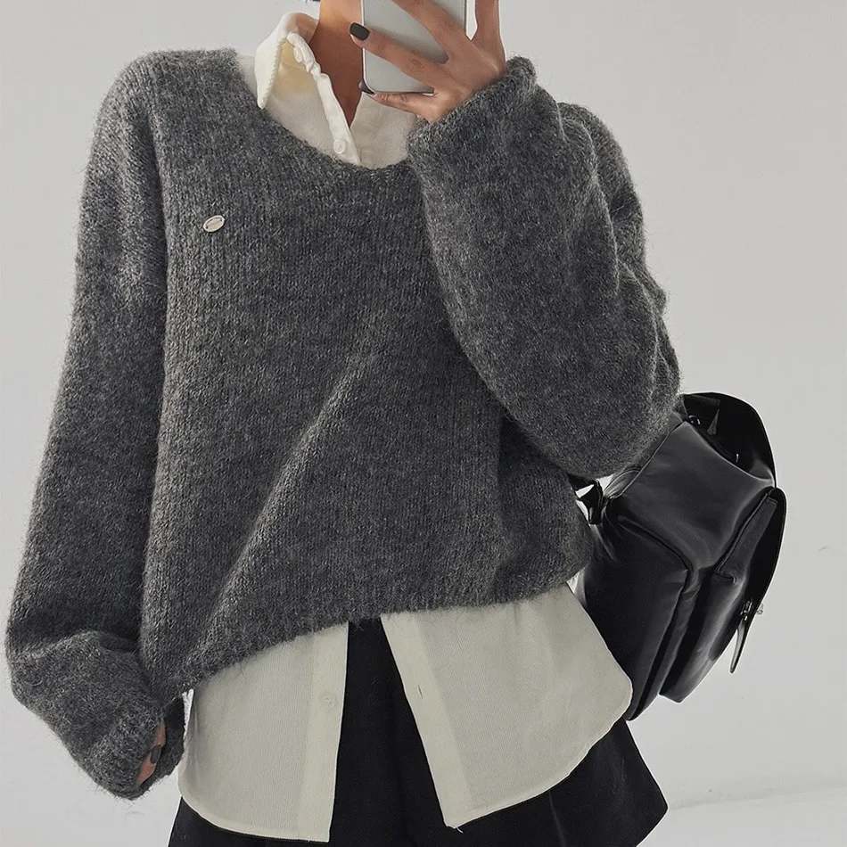 

Осень-зима женский свободный вязаный свитер с v-образным вырезом пушистый повседневный универсальный простой длинный свек из полиэфирного волокна