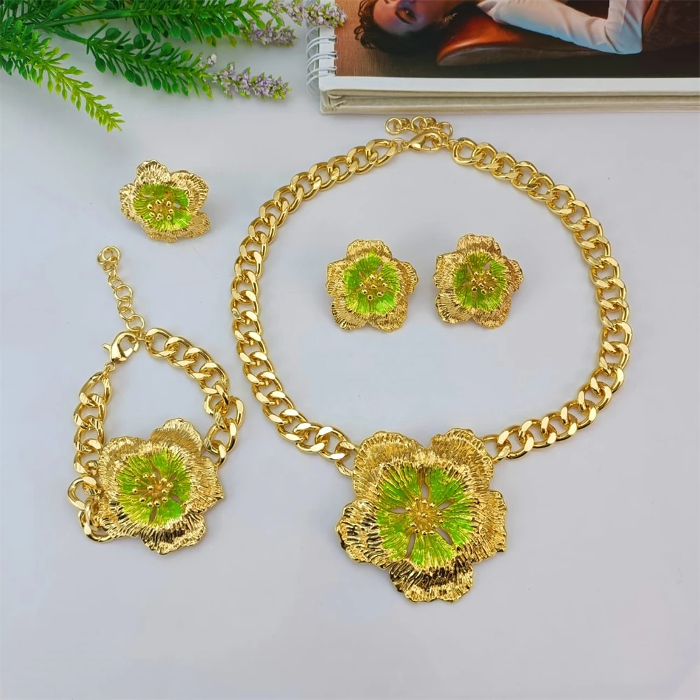 

EMMA African Necklace Earrings Dubai Gold Color Jewelry Set for Women Wedding Bridal Travel Party Bracelet Ring Pendant Jewelry