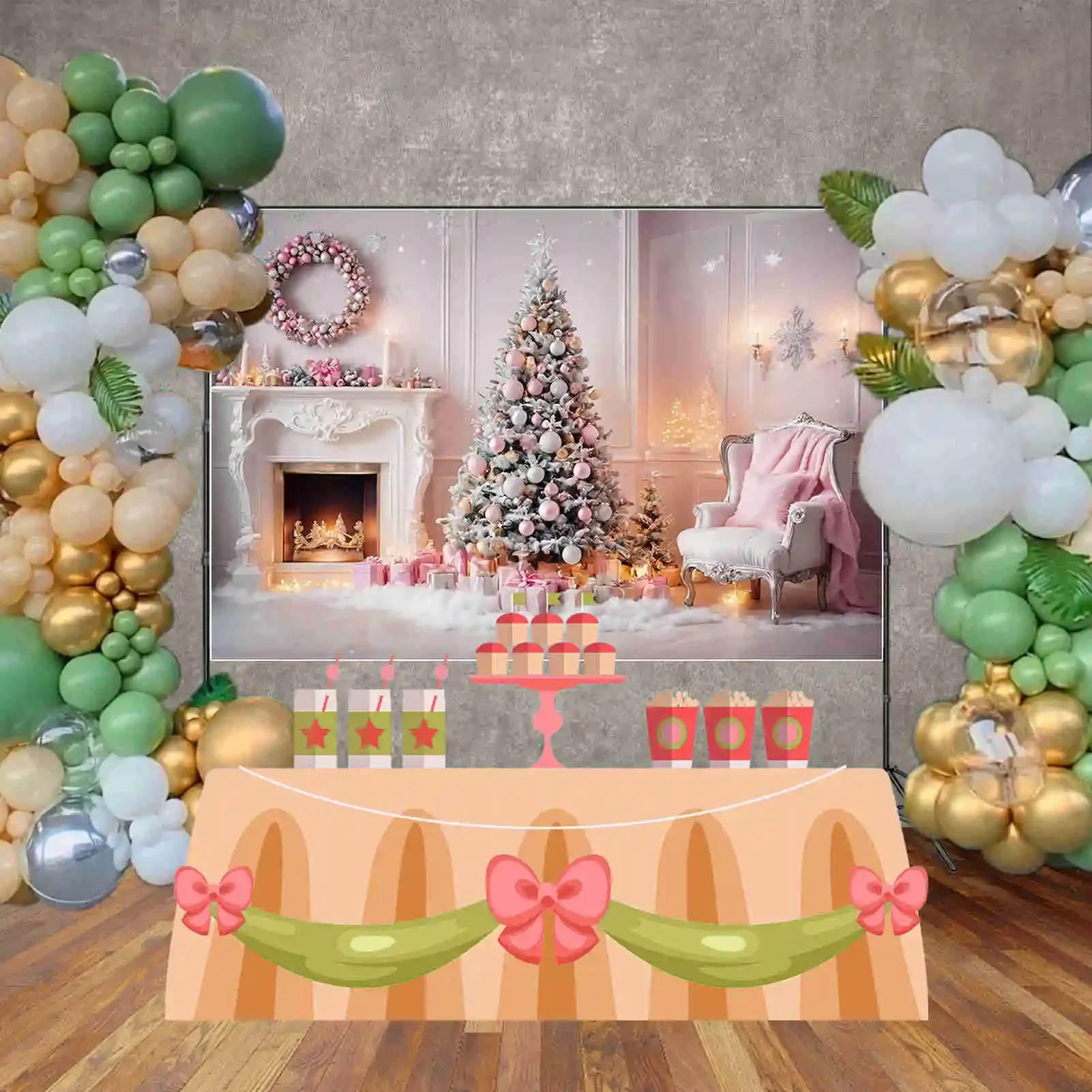 MOON.QG Pink Christmas Photography Backdrops Big Tree Fireplace Photo Studio Background Gifts Wreath Home Decoration Back Drop