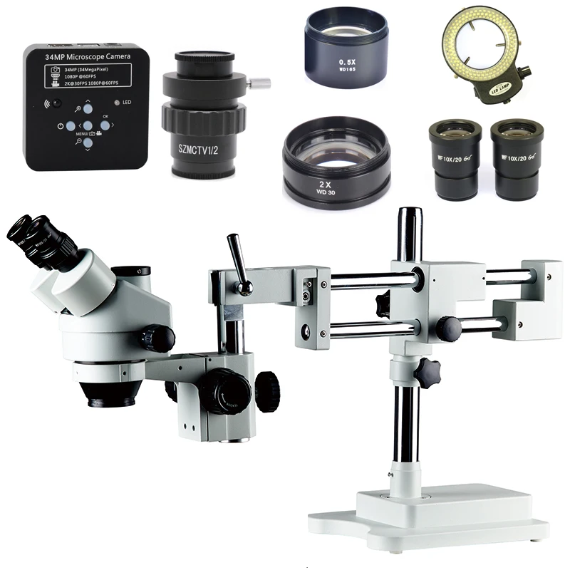 34MP Camera Microscope Simul Focal trinocular Stereo Microscope 3.5X 7X 45X 90X Double Boom Stand Zoom For Industrial PCB Repair