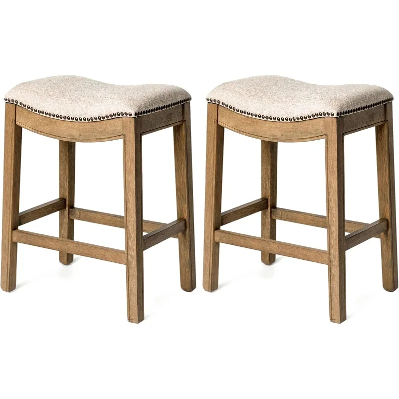 Adrien 26 Inch Counter Height Upholstered Backless Barstool in Natural Wood Finish with Wheat Cream Fabric Cushion Seat