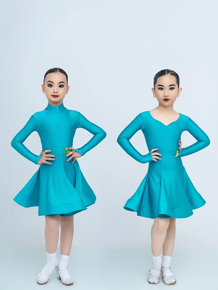 

Синие костюмы для латинских танцев для девочек, топ с длинными рукавами, юбка в виде рыбьей кости, платье для чача, румбы, танго, детская одежда для латинских соревнований, DN21817