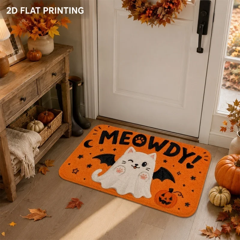Newest Orange Meowdy Ghost Cat Bat Pumpkin Print Halloween Doormat Non Slip Front Door Entryway Floor Mat