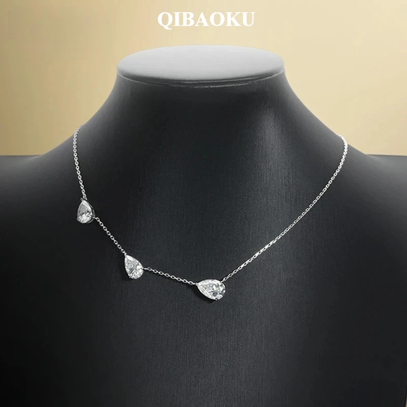 QIBAOKU Gradient Moissanite Necklace for Women 3 Gems Pear Cut Luxury Pendant Lab Diamond Jewelry Sterling Silver GRA S925 2026