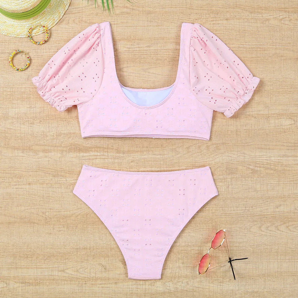 여성용 반팔 수영복 퓨어 컬러 메쉬 플리츠 프릴 크루 넥 비키니 하이 웨이스트 별도의 캐주얼 투피스 수영복