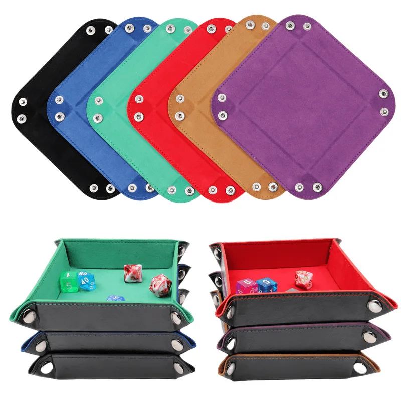 Rolling folding square dice game storage tray rack with double-sided thick PU leather & velvet dice pad office supplies