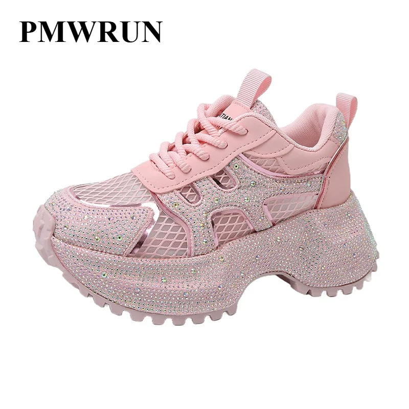 

Luxury Designer Women's Shoes New Rhinestone Women's Sneakers Breathable Hollow Mesh Casual Platform Shoes Zapatos Mujer 7 cm