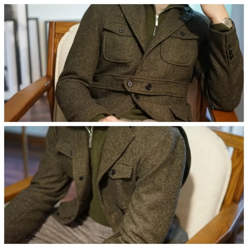 Men's Classic Herringbone Tweed Hunting Blazer Wool Blend Sport Coat with Four Pockets Three Buttons Jacket Men's Tuxedos - Image 2