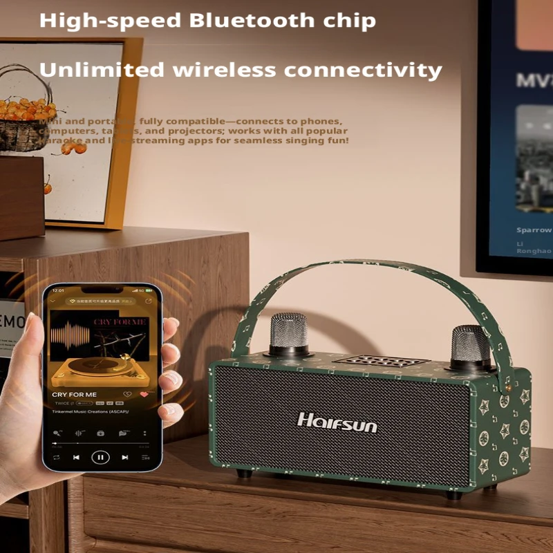 

Винтажная зеленая Bluetooth-колонка, портативная аудиосистема KTV с 2 беспроводными микрофонами, Hi-Fi бас, для улицы и домашних вечеринок