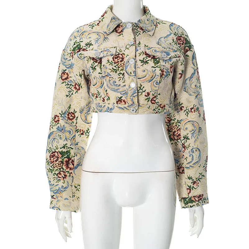 HKSH Damen Tide Streetwear Stilvoller Umlegekragen Langarm Bedruckte kurze Jacke Lässige trendige Taschen Miniröcke HK8153