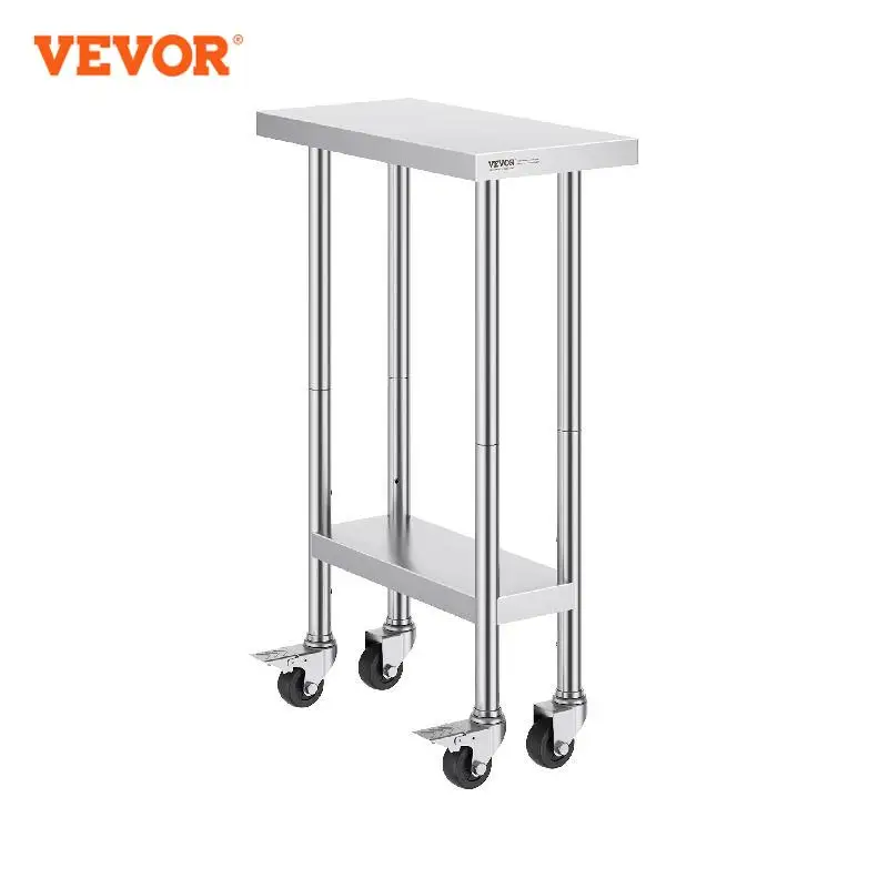 VEVOR Stainless Steel Work Table，500 LBS Load Capacity with 4 Wheels, 3 Adjustable Height Levels, Heavy Duty Food Prep Worktable