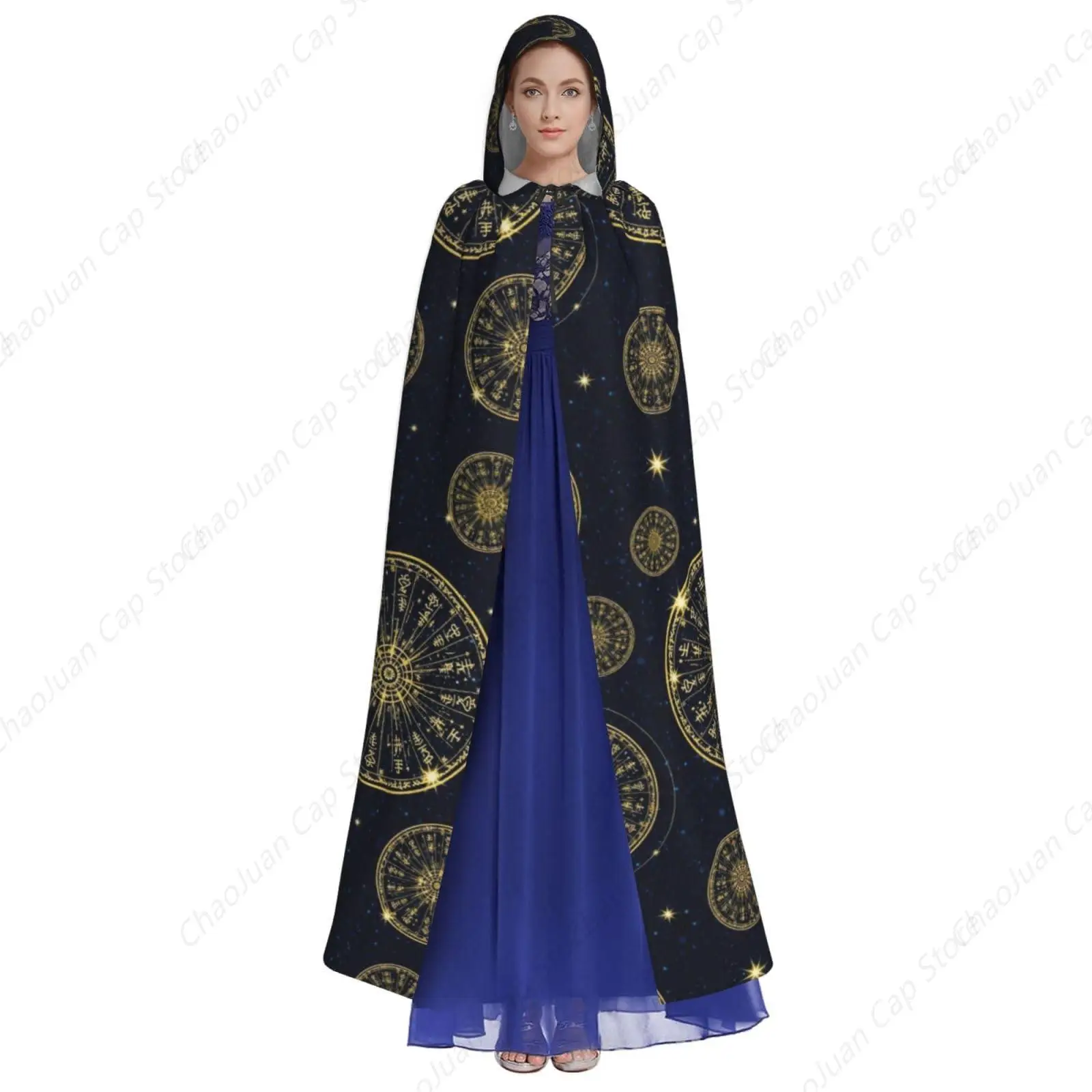 Women Men Halloween Christmas Costumes Hooded Cape Compatible with Norse Gold Viking Vegvisir Runic Compass, Cosplay Party Cloak