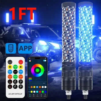2PCS 1FT LED Fat Whip Lights Wireless Remote APP Control Colorful Flagpole Antenna Whips for UTV ATV Vehicle Off-Road Truck