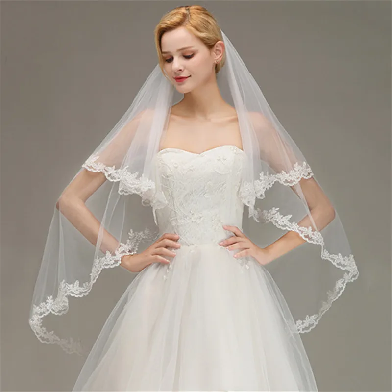 

2024 Two Layers Lace Edge White Ivory Short Long Wedding Veil With Comb Soft Tulle Bridal Veil Voile Mariage Accessories