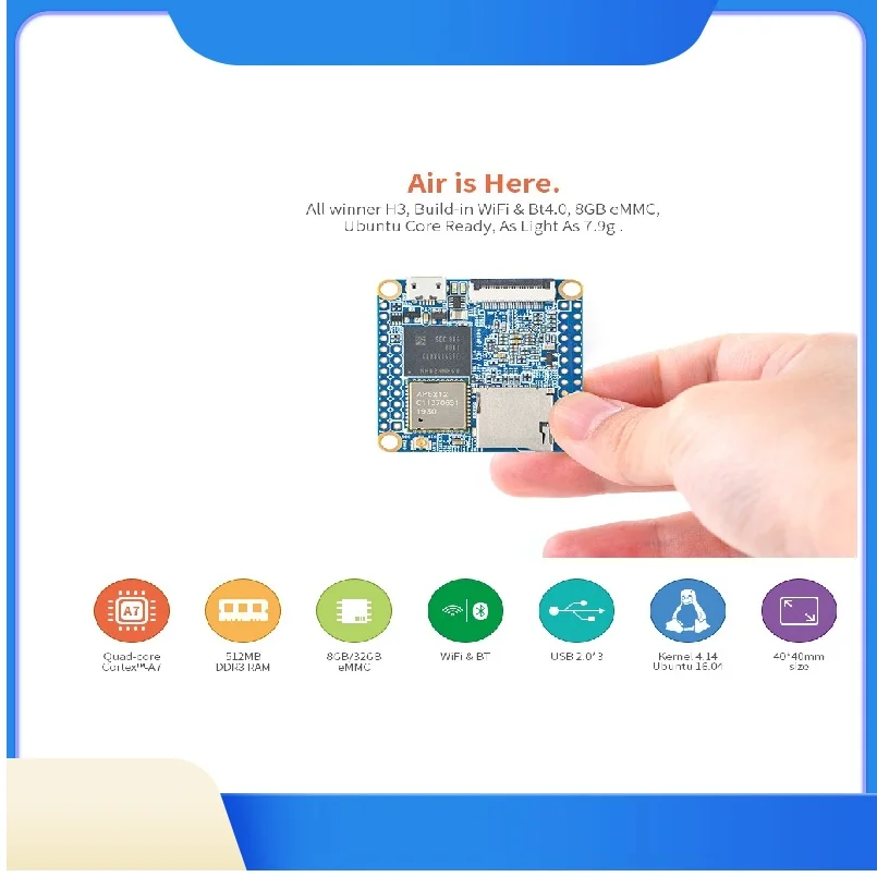 OpenPi Nanopi Neo Air (512 ميجابايت DDR RAM و8 جيجابايت eMMC) Allwinner H3 Quad Cortex-A7، 1.2 جيجا هرتز، WiFi&BT، Ubuntu Linux Armbian DietPi Kali