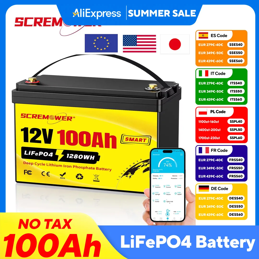 

12V 100Ah LiFePo4 Battery Pack Built-in 100A BMS Lithium Iron Phosphate Battery Rechargeable Bateria For Solar Boat no Tax