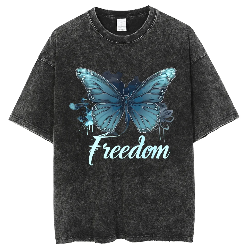 

Butterfly T-shirt 2024 Novel Washed T shirt for Women Fashion Anime Graphic Tees Casual Sport Breathable T-Shirts Freedom