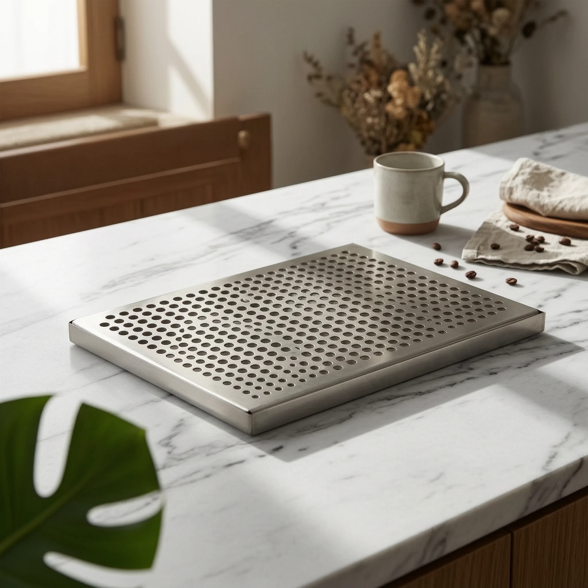 Stainless Steel Liquid-Collecting Tray Drainage Holes Bar Liquid-Collecting Tray Finger Grips Rust Resistant