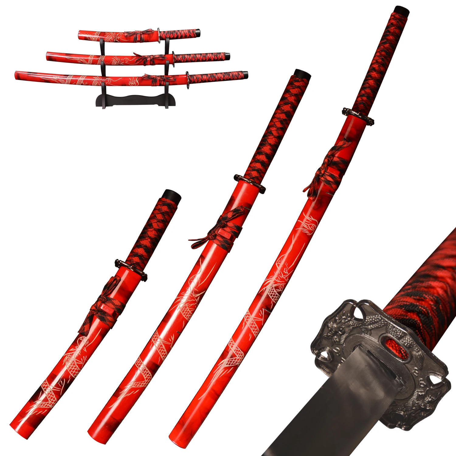 

3pc Samurai Sword Red Set With Display Stand Full Tang Real Katana, Carved DragonTsuba Carbon Steel Sword