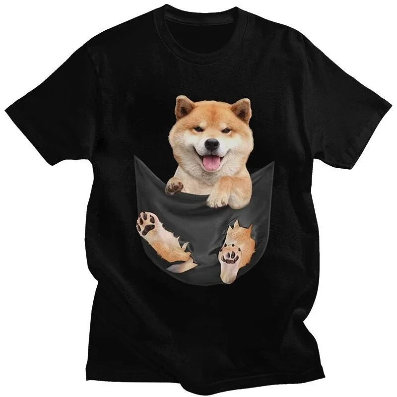 New Arrival fashion Creative Funny Tee Cute Shiba Puppy Inside Fake Pocket Summer Shirt Funny Funny Japan Dog Tee Shirt  Kawaii