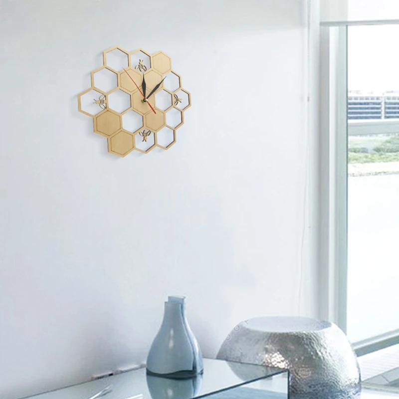 SEWS-Cut Wood Clock Honey Bee on Honey Comb Hexagon Nature Watch Wall Clock Geometric Kitchen Art Decor