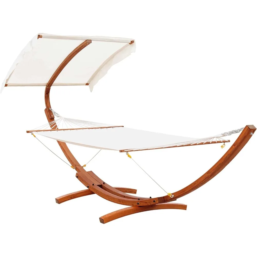 

13FT Wooden Arc Hammock with Canopy, Outdoor Hammock Bed with Wood Arc Stand for Patio Balcony Garden Backyard, White