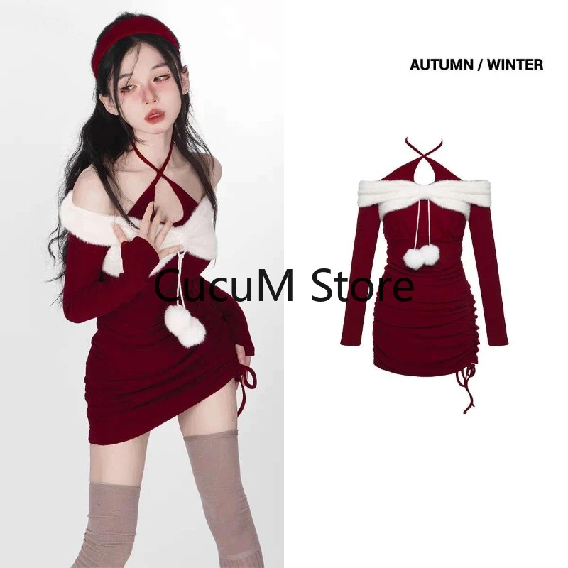 2023 Autumn Red Tight Dress Women Hanging Neck Strap Off Shoulder Hotsweet Slim Sexy Pure Desire Christmas Hip Wrap Skirt Chic