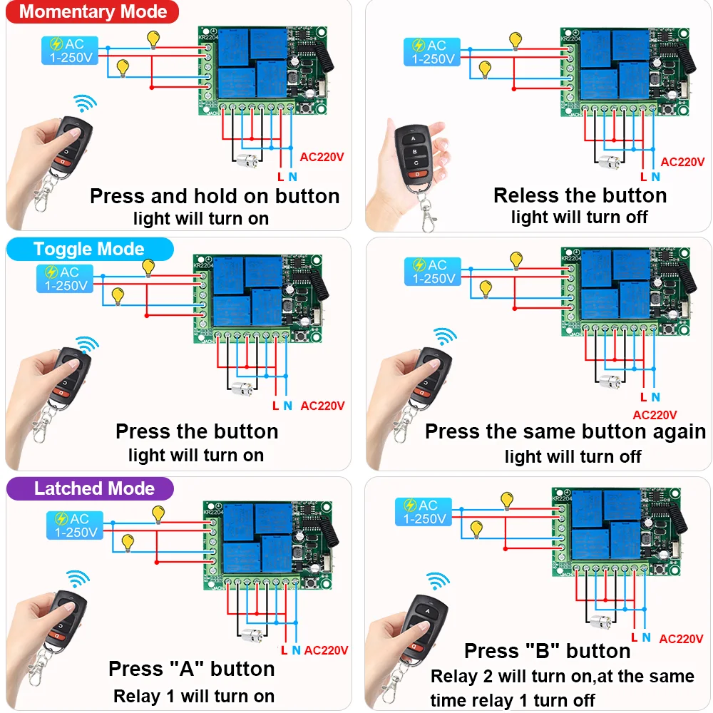 433 Mhz evrensel kablosuz uzaktan kumanda AC110V 220V 4CH röle modülü alıcı 2B verici garaj kapısı için Motor işık