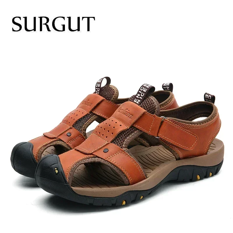 SURGUT Summer New Sandals Men Leather Classic Roman Sandals 2026 Slipper Outdoor Sneaker Beach Men Water Trekking Casual Sandals