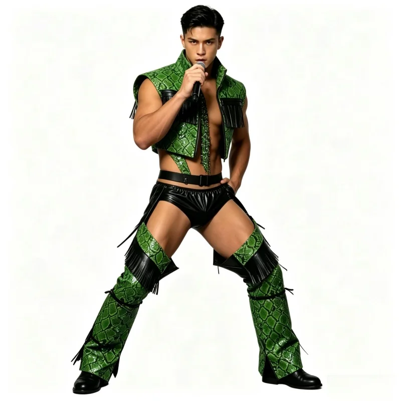 Men's Festival Rave Party Green Snake Print Fringe Vest And Pants Nightclub Singer Dancer Stage Costume Halloween Stage Wear