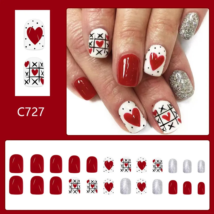 24 Pcs Short Square Fake Nails with Glue 2025 New Valentine's Day Glued False Nails Red Heart Glitter Adhesive Press on Nails