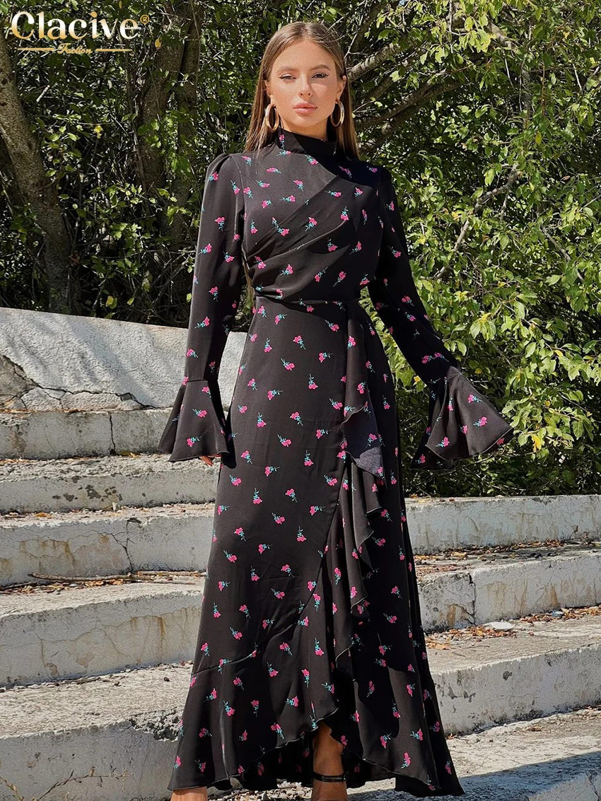 Clacive Fashion Loose Print Women's Dress 2025 Elegant Stand Collar Long Sleeve Ankle Length Dresses Bodycon Ruffle Female Dress