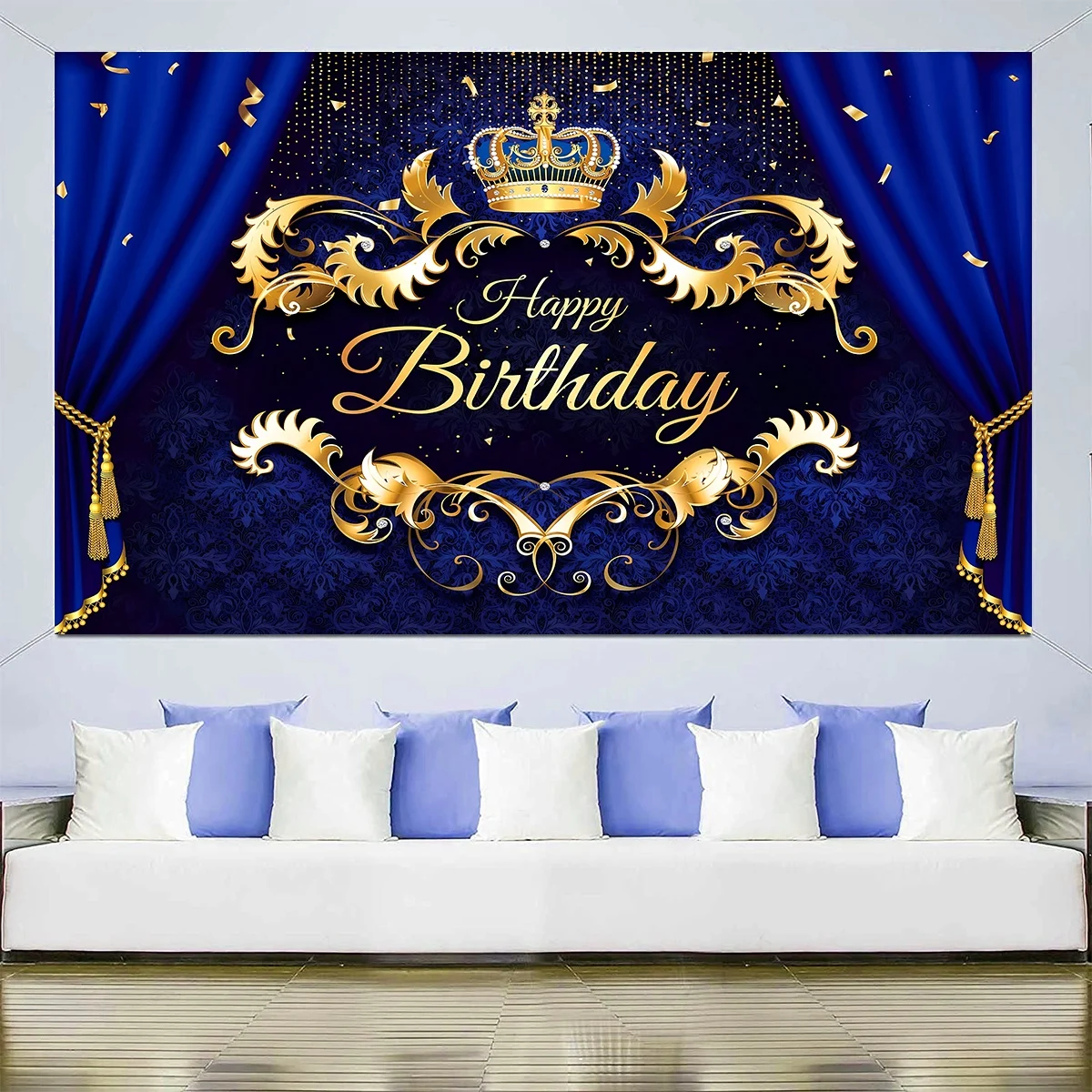 Happy Birthday Background Royal Crown Prince Gold Glitter Photo Backdrop Golden Curtain Customize Name Party Decoration Supplies